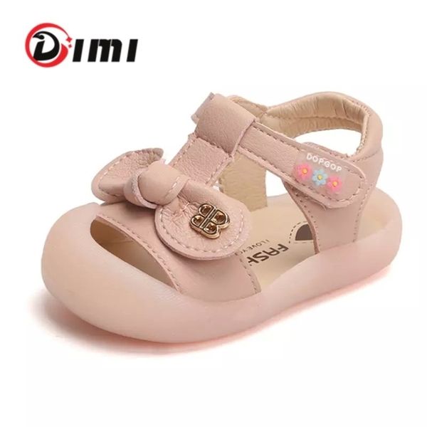 DIMI Yeni Yaz Bebek Kız Ayakkabı Sevimli Yay Kız Toddler Prenses Sandalet Kapalı Toe Yumuşak PU Deri Bebek Ayakkabı Kız Için 210326