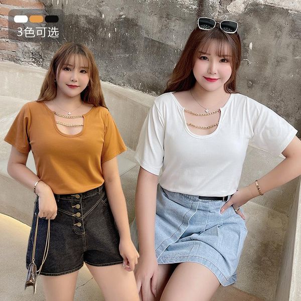 

women's t-shirt 2021 large korean round neck solid color hollow chain thread tee short sleeve n8017, White