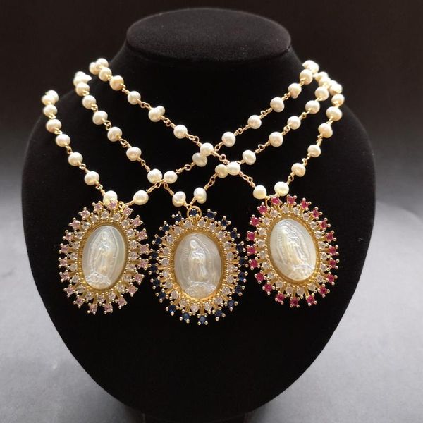 

chains promotion 31x36mm natural freshwater pearl gudalupe mother necklace virgin of guadalupe shell for gift, Silver