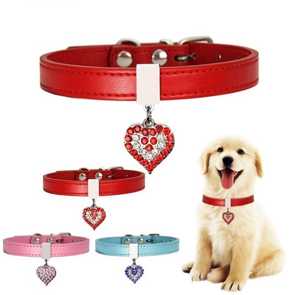 Coleiras de Cão com Diamond Heart Bell Adorável Gato Gato Rhinestone Coração-em forma de Acessórios Pingente Cachorrinho Kitten Neacklace Wll461