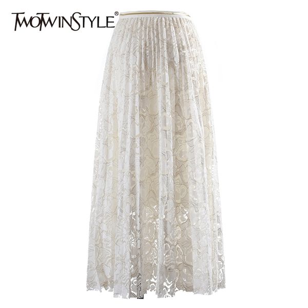 

elegant patchwork embroidery lace skirt for women high waist pleated solid skirts female fashion clothing 210521, Black