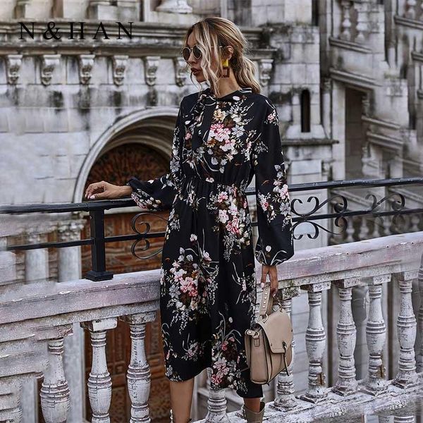 

puff sleeve floral dress 2021 spring autumn bow stand collar high waist long vintage women clothing casual dresses, Black;gray