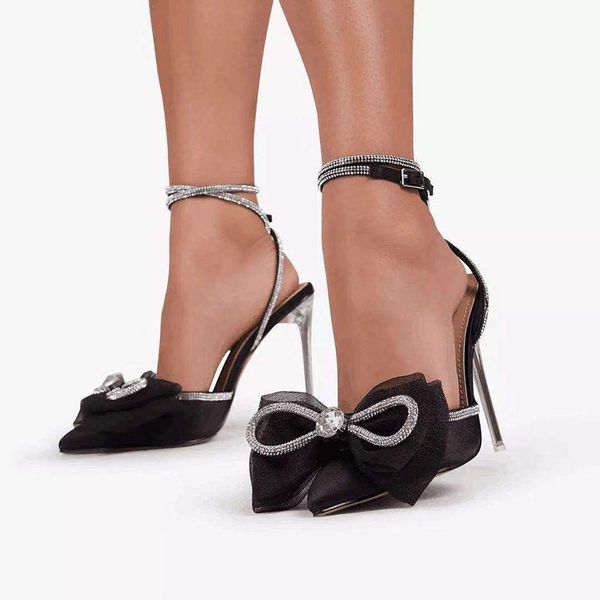 

Women High Heels Sandals Bowknot Pointed Toe Womens Sexy Shoes Buckle Strap Party Wedding Crystal Female Footwear New Hot, Black