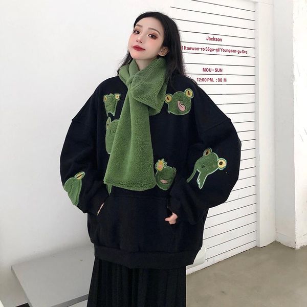 

korean winter vintage harajuku style pullovers sweatshirts o-neck cartoons frog loose full sleeve thicken keep warm sweatshirt women's, Black