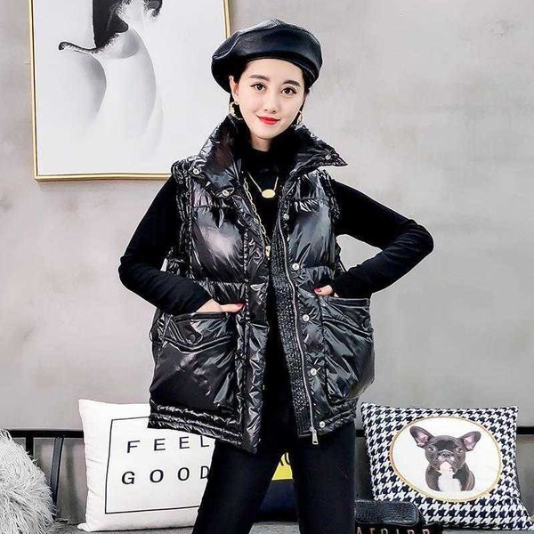 

winter glossy zipper pocket women light down vest short windproof lightweight warm waistcoat 210531, Black;white