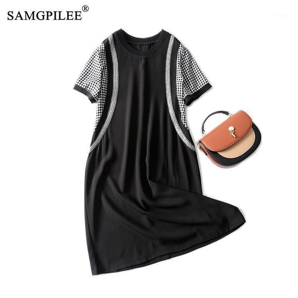 

casual dresses summer woman 2021 fashion korean style plaid diamond short-sleeved knee-length round neck plus size dress women 4xl, Black;gray