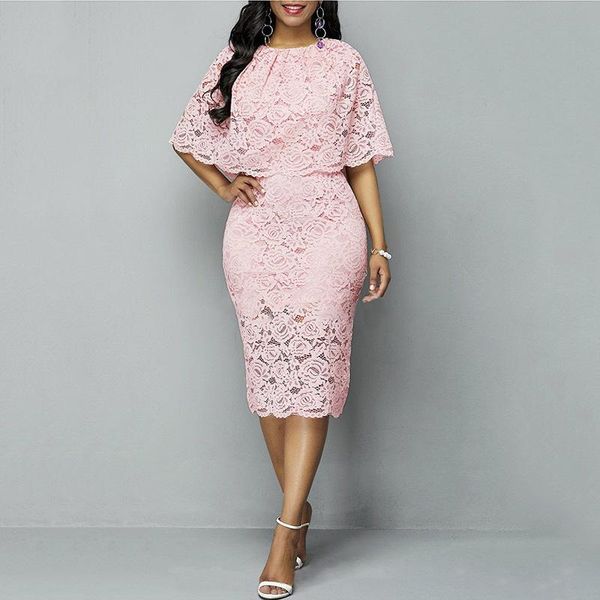

casual dresses elegant pink lace dress for women batwing sleeve high waisted bodycon mid calf office ladies work cloth midi 2021, Black;gray