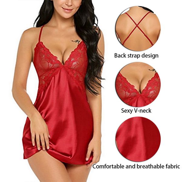 

women nightgowns satin lace v neck sleepwear nightwear pyjama lady home clothing sleep wear female nightdress lingerie chemise mini teddy, Black;red
