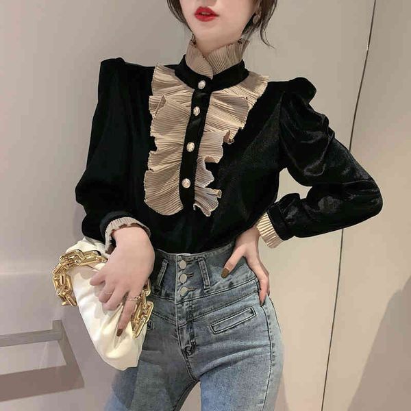

spring autumn arrive long sleeve blouse&shirt for women stand collar ruffles patchwork female office streetwear 210514, White