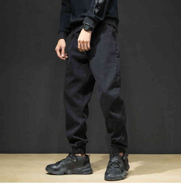 

pantfashion black stitching denim overalls japanese hip-hop jeans men's warm pants
