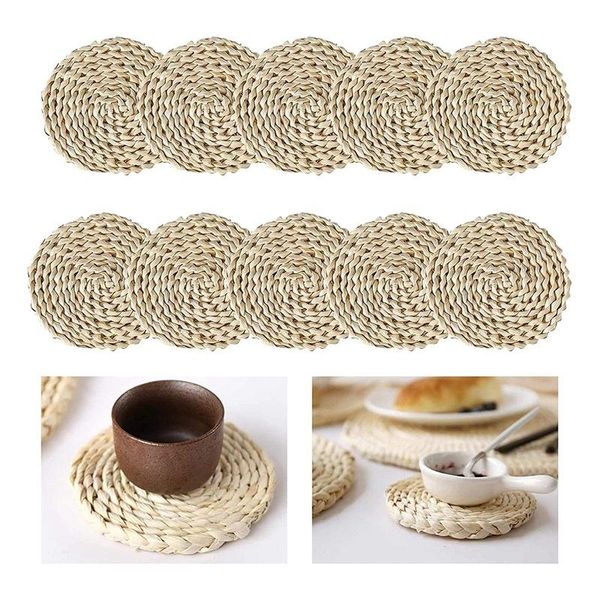 

mats & pads 10 pack woven placemats,,round corn husk placemat rattan table mats,for tea coffee,heat insulation pads,4.3 inch