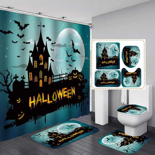 

halloween shower curtain set,horror pumpkin light cartoon room pattern,polyester fabric bathroom decor set with 12 hooks