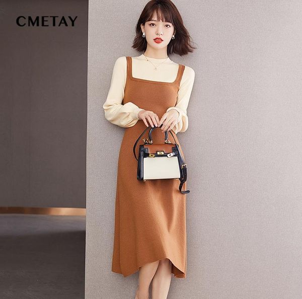 

casual dresses 2021 fashion women fake two piece stitching knitted dress autumn winter vestidos long sleeved o neck elegant slim stretch rob, Black;gray