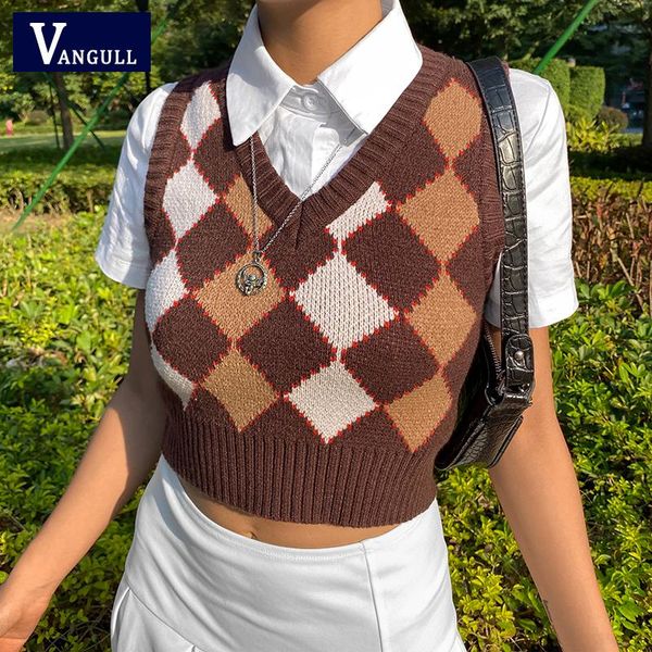 

women's vests vangull brown argyle vintage cropped sweater vest autumn sleeveless knitted pullover preppy style casual plaid 2021 winte, Black;white