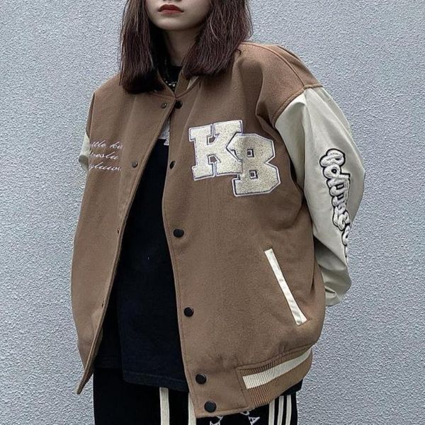 

women's jackets european and american retro letter embroidery 2021 street hip-hop loose baseball uniform couple casual coats, Black;brown