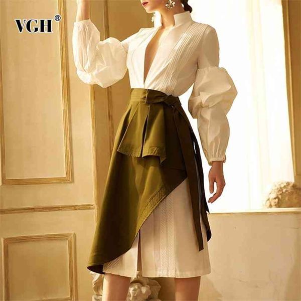 Coreano patchwork plissado conjunto para mulheres v neck camisa de manga longa camisa alta cintura assimétrica saias casuais conjunto feminino 210531