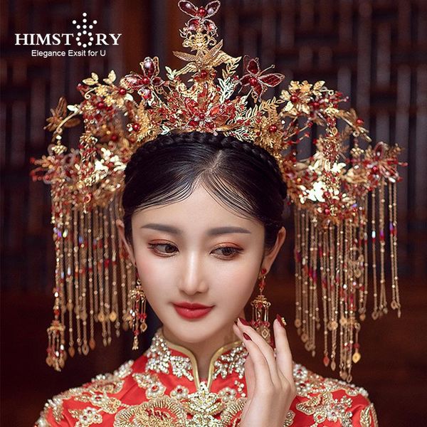 

hair clips & barrettes himstory large chinese wedding bride crown traditional red butterfly tassel accessories stage show headpiece, Golden;silver