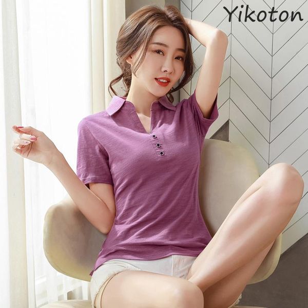 

women's t-shirt 2021 summer women tshirt cotton solid white camiseta femenina turndown collar short sleeve casual buttons female slim