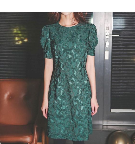 

casual dresses women green elegant fashion short sleeve jacquard mini dress 2021 spring arrival big size print midi vestidos mujer, Black;gray