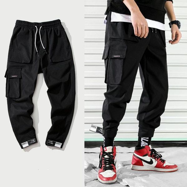 

men's pants est fashion cargo men street style cotton jogger casual slim sweatpants hip hop male joggers trousers, Black