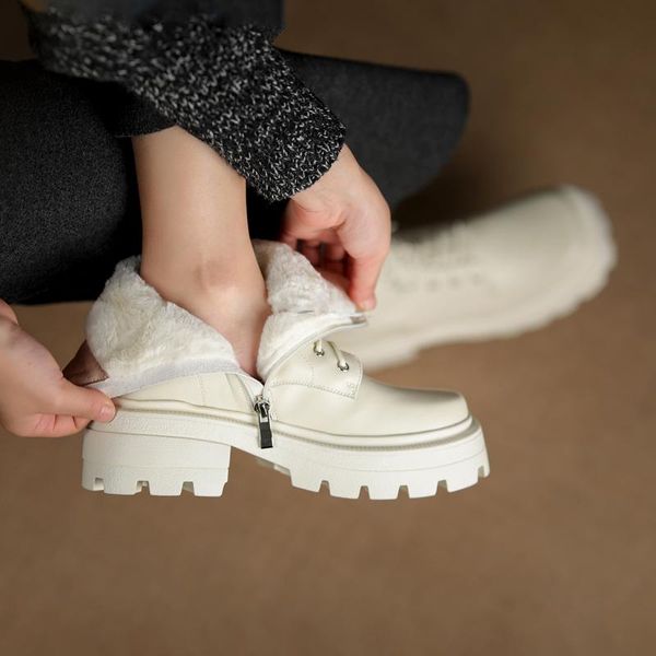 

boots winter real wool fur genuine leather platform 6cm high heel motorcycle women ankle thick snow, Black