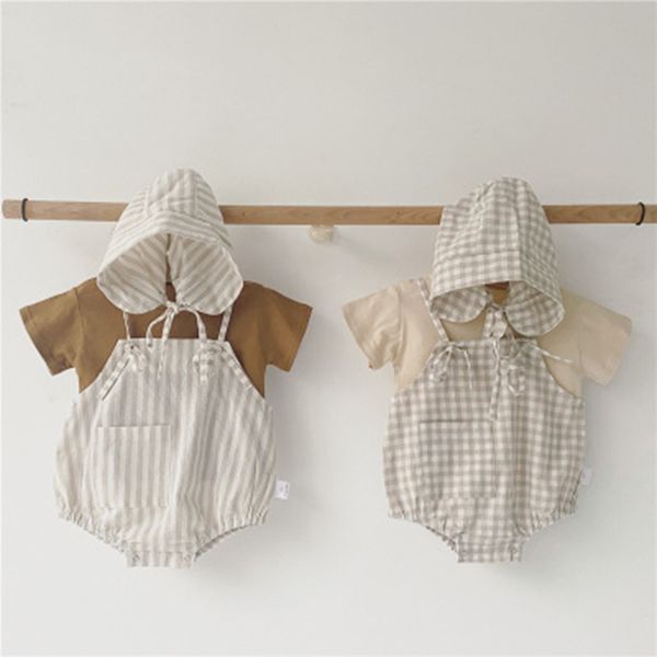 Vestuário de bebê de verão nascido meninos sólidos tee e xadrez bodysuits com chapéu infantil menina conjuntos 210429