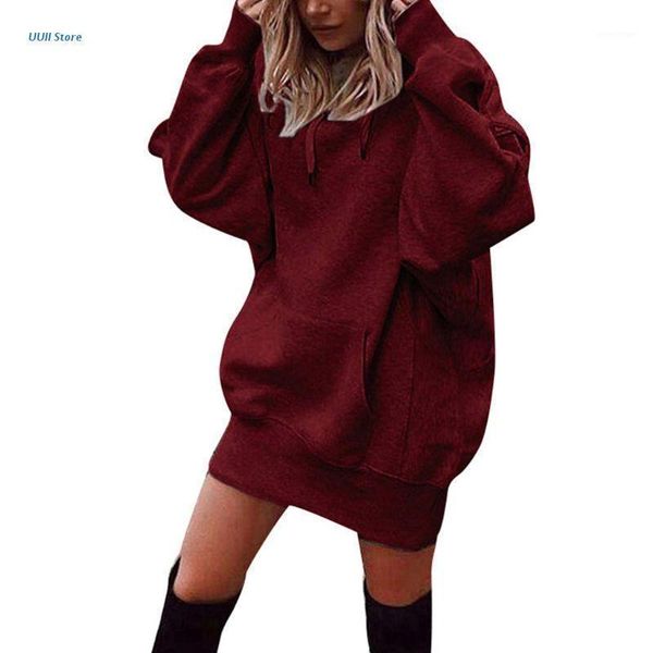 

casual dresses womens winter warm long sleeve hoodies dress solid color drawstring pullover tunic oversized loose sweatshirt with pocke, Black;gray