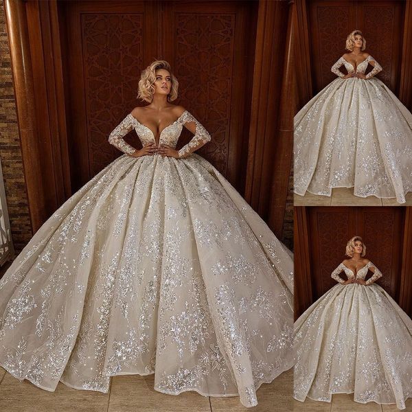 

saudi arabia princess ball gown wedding dress 2022 off shoulder long sleeve luxury lace appliques bridal gowns crystal bride robes de mariÃ©e, White