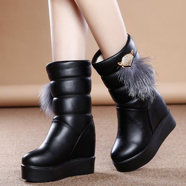 

boots winter women warm plush snow woman muffin platform wedges mid-calf increased internal 10cm zapatos botte femme, Black