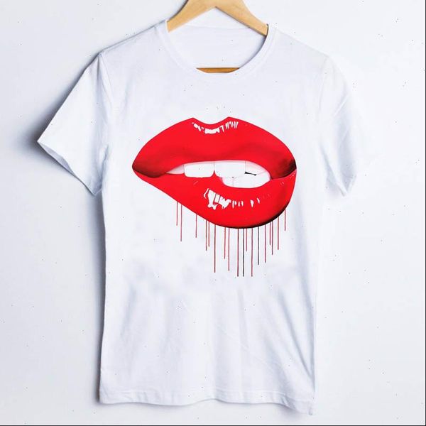 

women t shirts tees for print casual cartoon lip teeth cute 90s fashion ladies shirt clothes lady clothing female, White