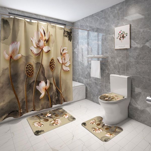 

bath mats traditional pattern bathroom mat non slip for toilet bathtub rug set and waterproof shower curtain wc carpet