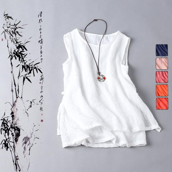 

women's blouses & shirts cotton linen loose shirt summer arts style women sleeveless tank casual white femme vintage plus size