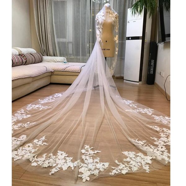 

bridal veils 2021 3x3.5 meters one layer vintage luxurious lace tulle long wedding veil ivory without comb velos de novia, Black