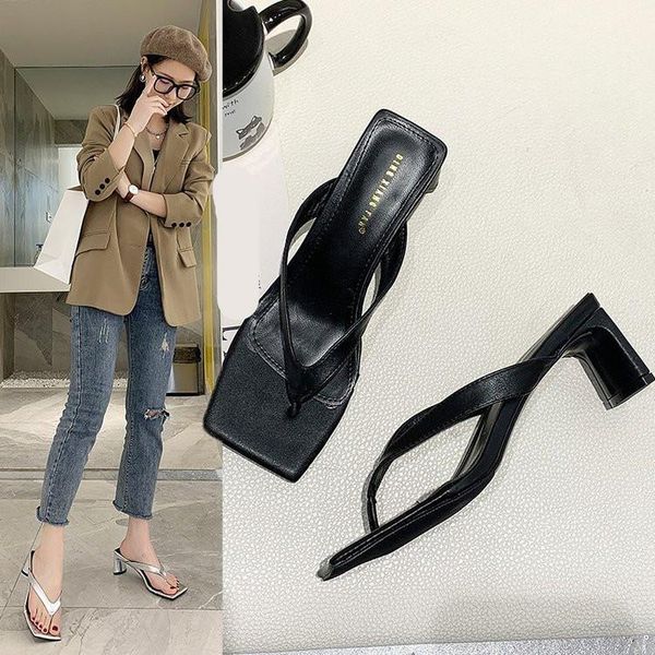 

slippers high-heeled shoes lady rubber flip flops square heel soft slides fashion slipers women low hawaiian block comfort luxur, Black
