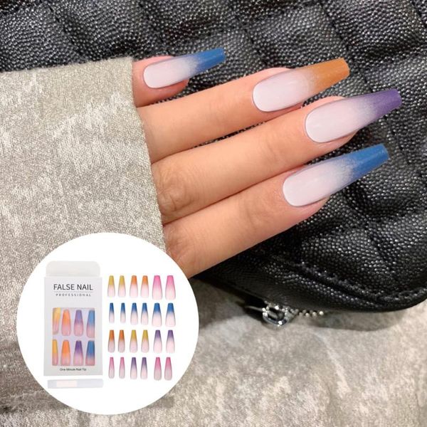 

false nails 24pcs super long rainbow press on fake art, Red;gold