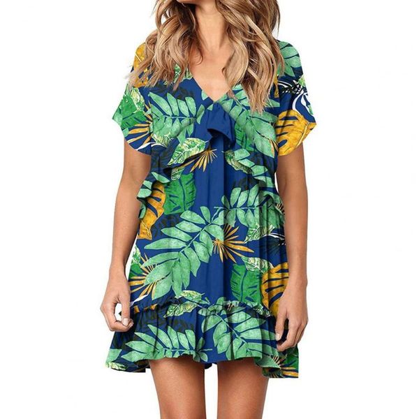 

women's swimwear women vintage summer basic v neck print ruffle short sleeve mini beach dress beachwear boho maxi robe de soirÃ©e, White;black