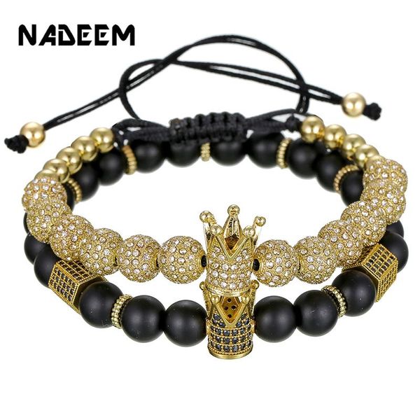

charm bracelets 2pca/set pave cz ball hexagon crown braiding macrame black matte stone beadd bracelet set luxury jewelry pulseira bileklik, Golden;silver