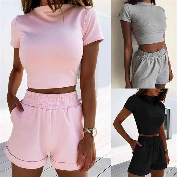 

summer woman casual suit casual motion short sleeve t-shirt high waist open navel solid color shorts suit short sleeve pullover 210611, White;black