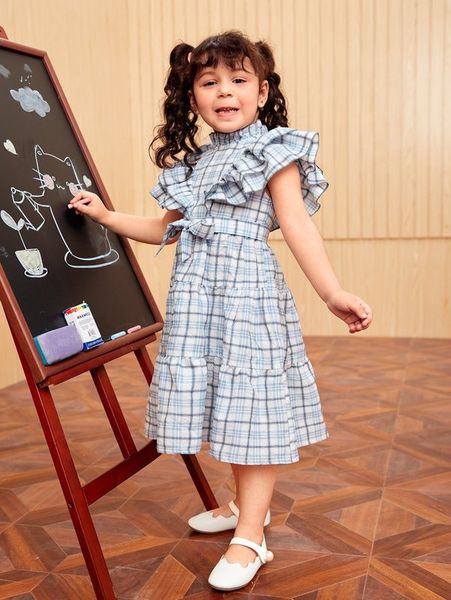 

toddler girls plaid print ruffle hem belted mock neck dress she, Red;yellow