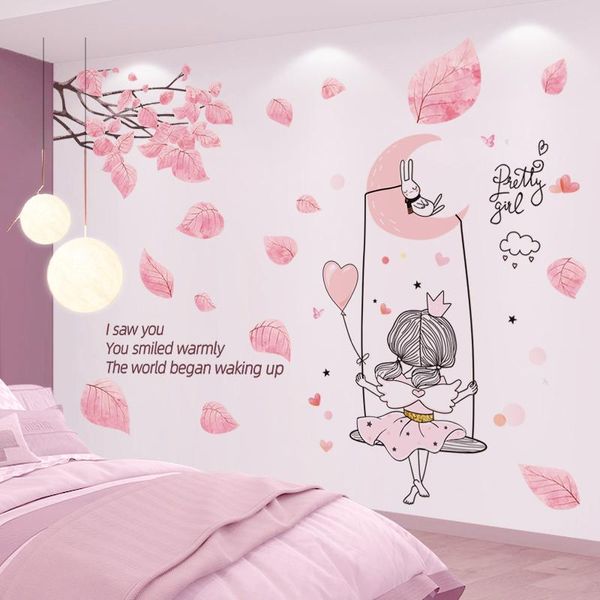 Adesivi murali Cartoon Girl Moon Swing DIY Tree Leaves Decalcomanie murali per camerette Bambini Camera da letto per bambini Cucina Decorazione domestica