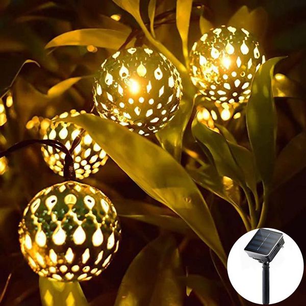 

strings solar led light outdoor garden decoration 2.5cm hollow out metal ball string lights garland christmas decor