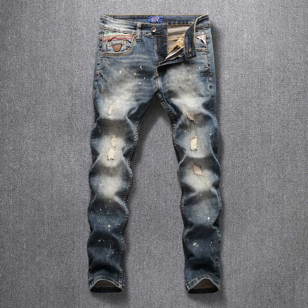 

men's jeans italian style fashion retro wash patchwork ripped men pants destroyed designer hip hop homme mfk2 szed, Blue