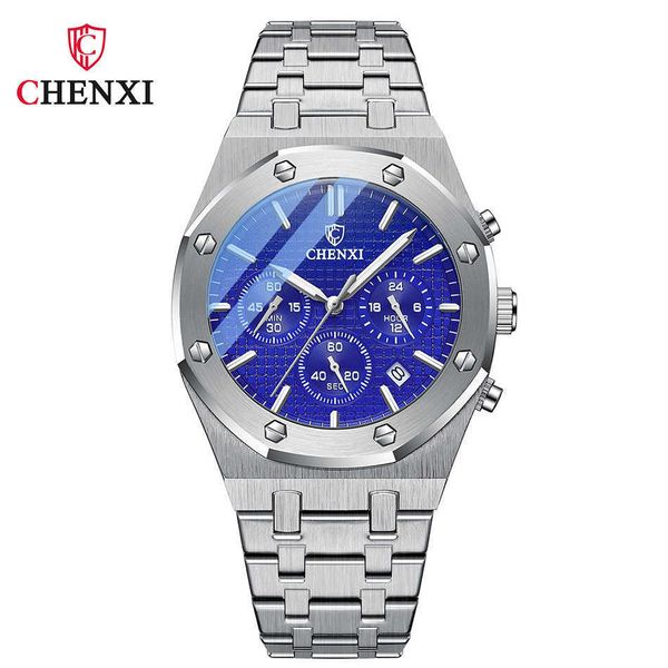 Chronograph Uhren Männer Silber Edelstahl Wasserdicht Multifunktionskalender Marke CHENXI Business Casual Sport Männliche Uhr 210728