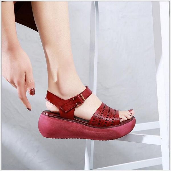 

retro summer women sandals handmade genuine leather single shoe casual high heel wedges platform, Black