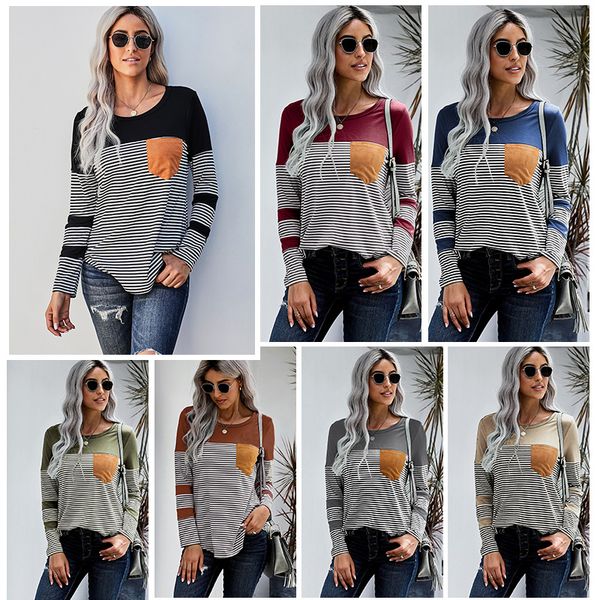 

autumn and winter new stripe stitching color long sleeve slim t-shirt, White