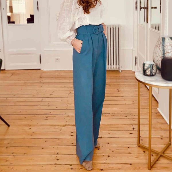 

pants dark blue wide leg women high waits belt pocket casual trousers elegant office lady formal chic long pant 4g7l, Black;white
