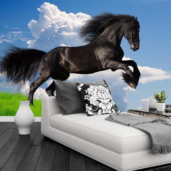 Costume 3D natureza cenário azul céu branco nuvens pretas cavalo mural wallpaper sofá tv fundo wall papers decor