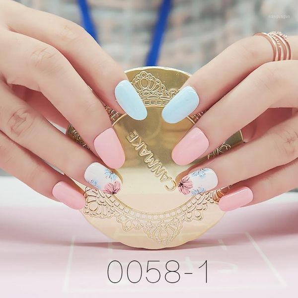 

pcs classical summer fake nails pink marble artificial nail colorful short square press on tips for home office party1, Red;gold