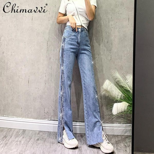 

women's jeans long straight loose split blue 2021 rhinestone high waist drooping beading letter wide leg pants