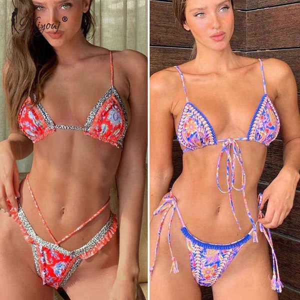 

vintage print bikini female handwork small ruffle swimming suit for women swimwear high cut bikini set string, White;black